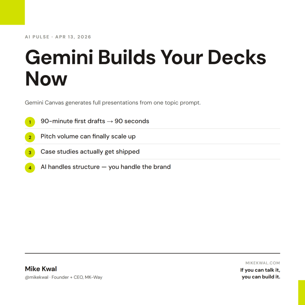 Gemini Builds Your Decks Now — 90-minute first drafts → 90 seconds; Pitch volume can finally scale up; Case studies actually get shipped; AI handles structure — you handle the brand. AI PULSE — APR 13, 2026. By Mike Kwal.
