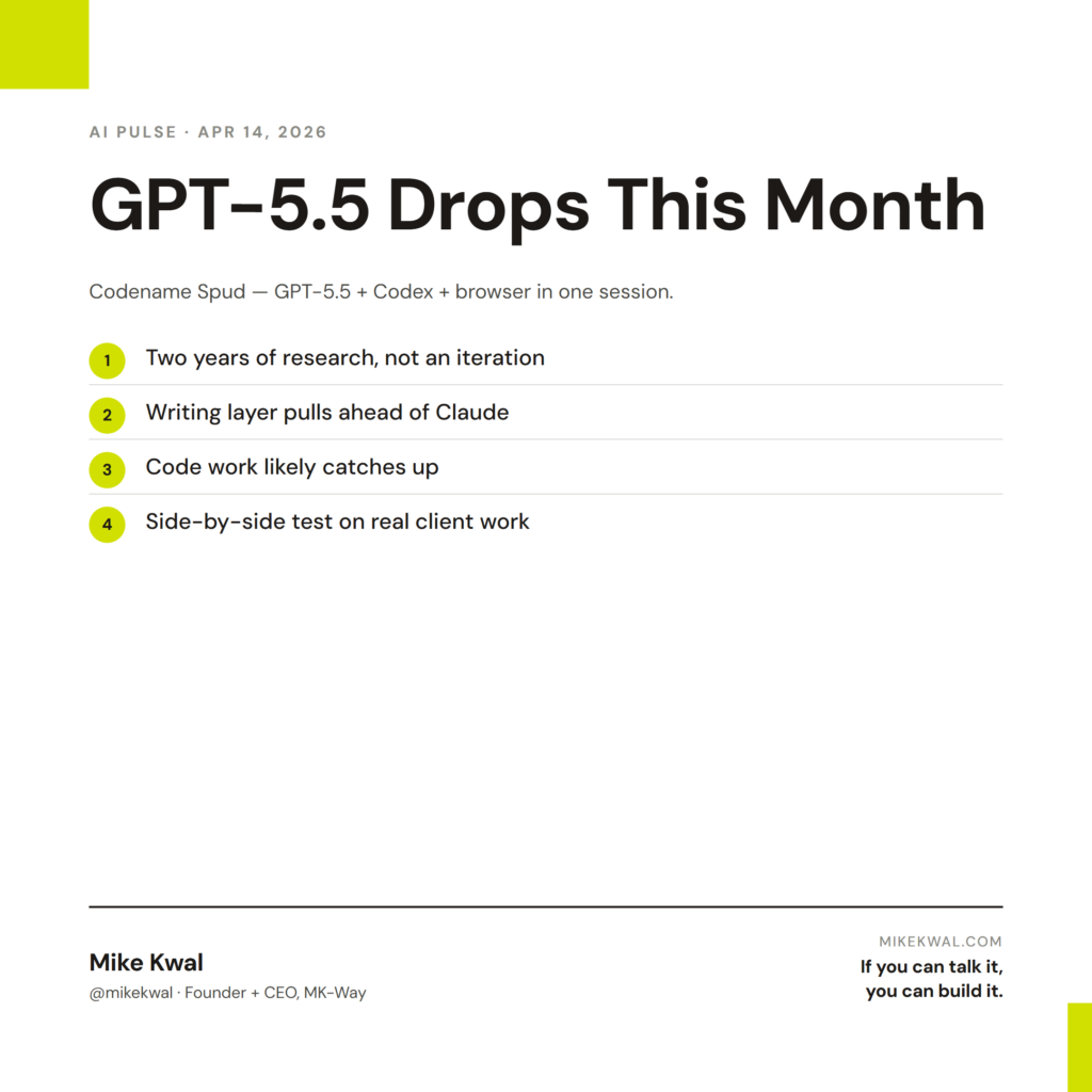 GPT-5.5 Drops This Month — Two years of research, not an iteration; Writing layer pulls ahead of Claude; Code work likely catches up; Side-by-side test on real client work. AI PULSE — APR 14, 2026. By Mike Kwal.