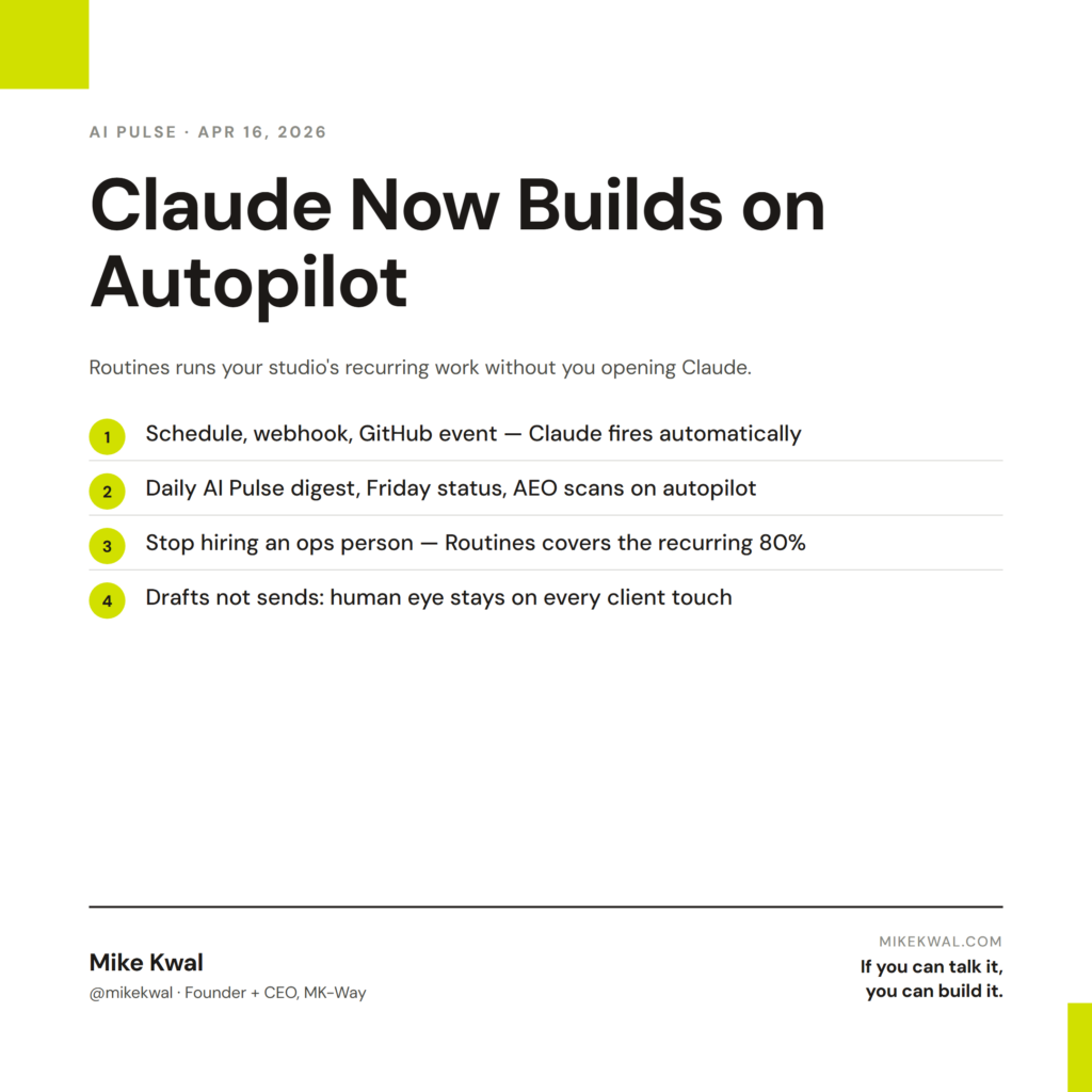 Claude Now Builds on Autopilot — Schedule, webhook, GitHub event — Claude fires automatically; Daily AI Pulse digest, Friday status, AEO scans on autopilot; Stop hiring an ops person — Routines covers the recurring 80%; Drafts not sends: human eye...