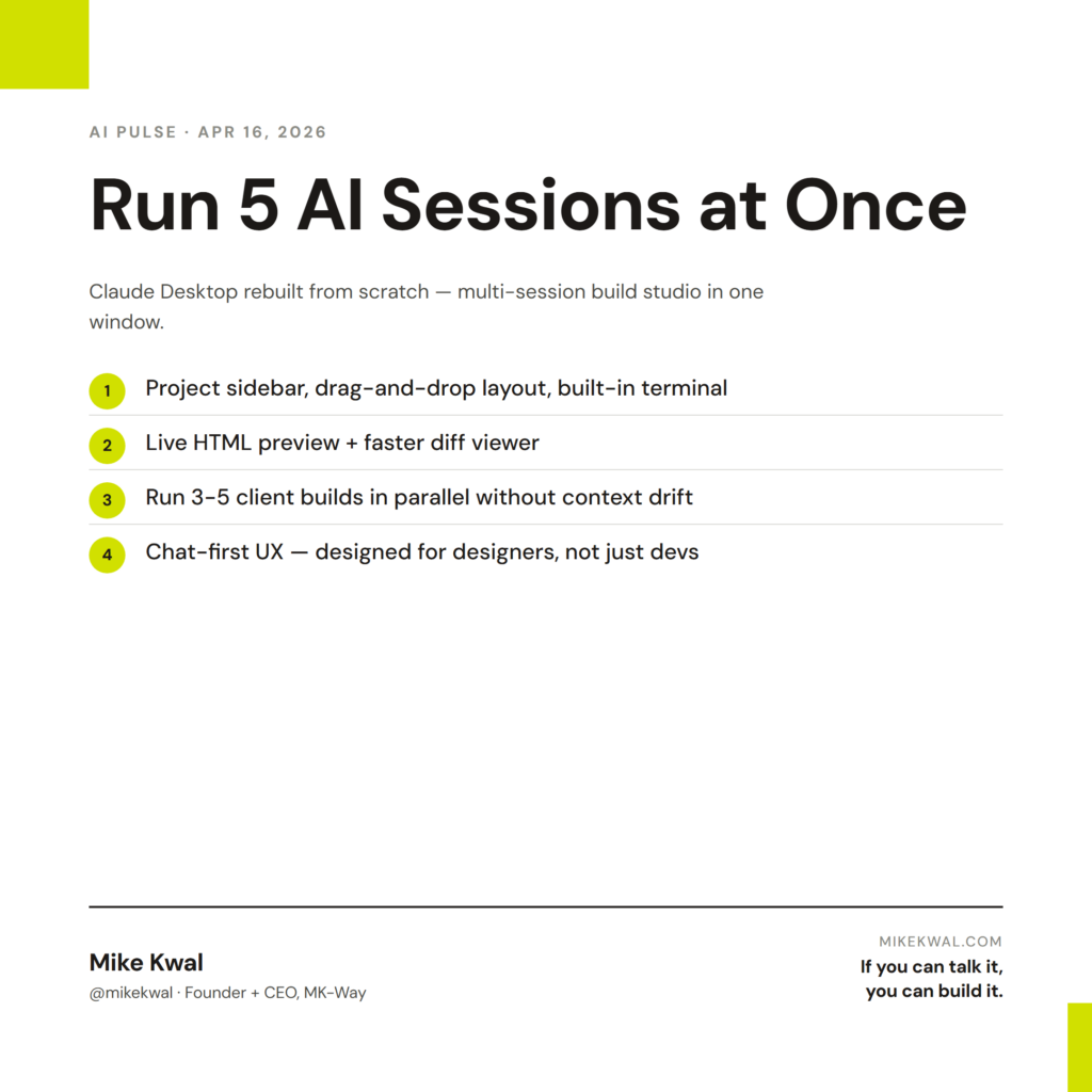 Run 5 AI Sessions at Once — Project sidebar, drag-and-drop layout, built-in terminal; Live HTML preview + faster diff viewer; Run 3-5 client builds in parallel without context drift; Chat-first UX — designed for designers, not just devs. AI PULSE ...