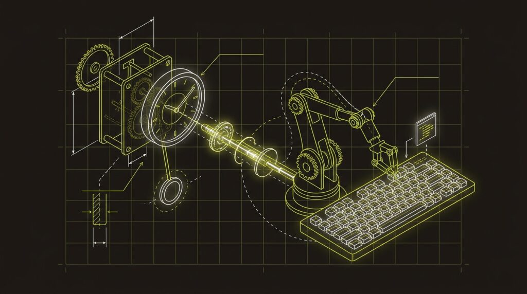 A blueprint-style diagram of a clock connected to a robotic arm that is writing code, representing automated tasks.