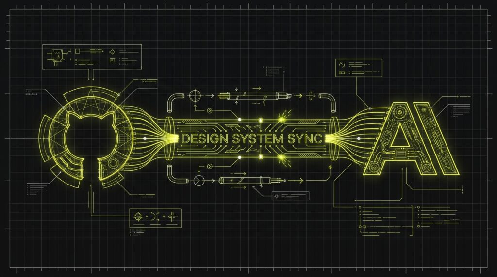 An illustration of a blueprint showing a direct data pipeline between the GitHub and Anthropic logos, representing design system integration.