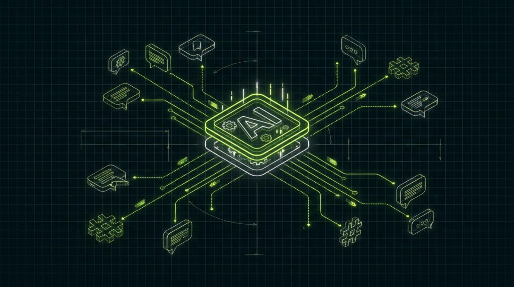 A blueprint diagram showing a central AI icon connected to several Slack channel icons.