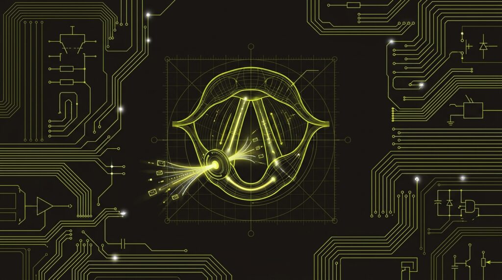A technical blueprint of a human larynx made of glowing electronic circuits, symbolizing an AI voice agent.