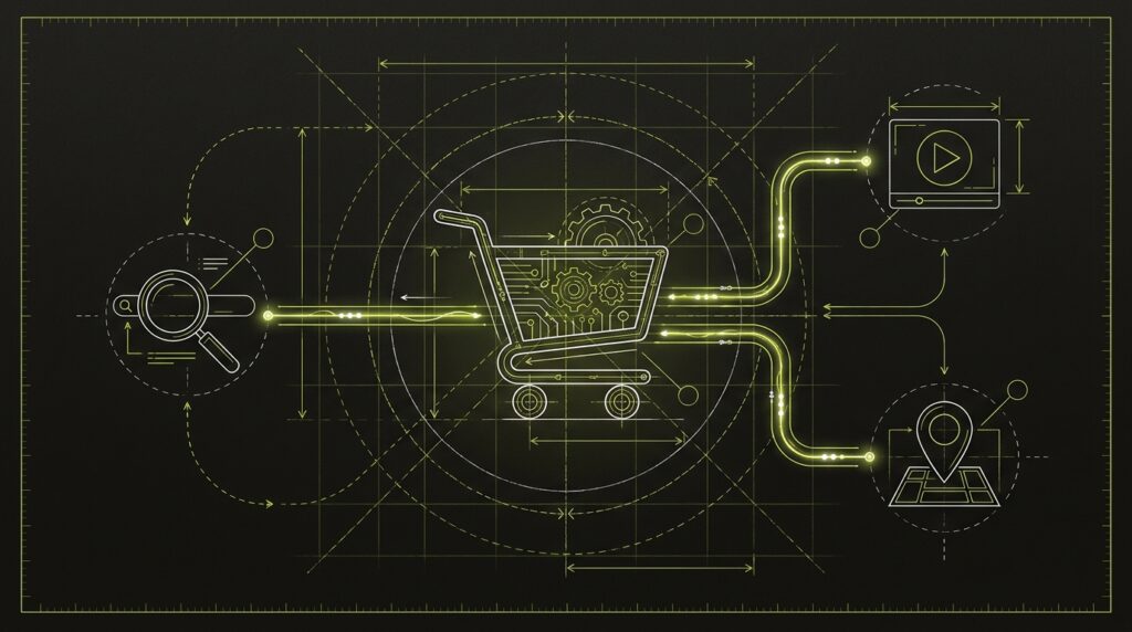 A blueprint-style drawing of a central shopping cart connected by lines to Google, YouTube, and Maps icons, representing a universal checkout system.