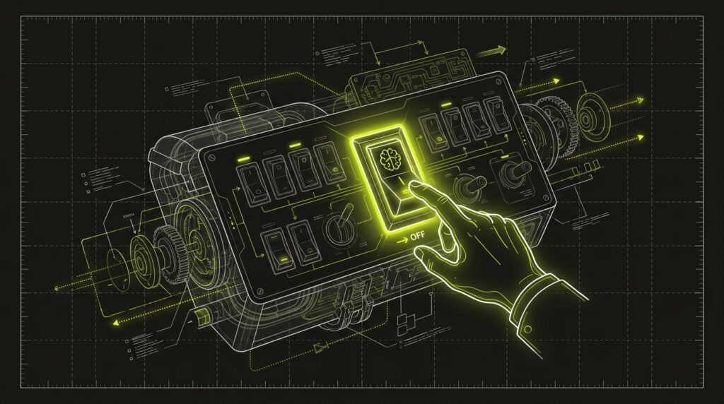 A blueprint diagram of a machine with a large switch labeled AI CONTROL being turned off.