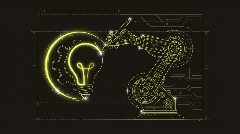 A robotic arm drawing a glowing vector icon on a dark blueprint, representing AI-generated design assets.