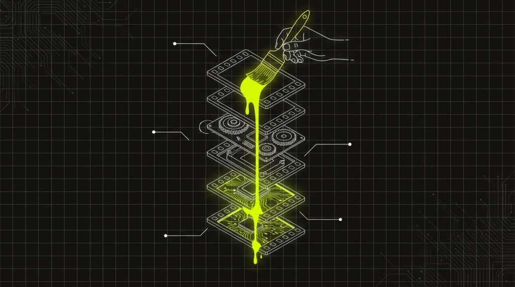An illustration of a paintbrush editing one film frame, with the change cascading down to subsequent frames.