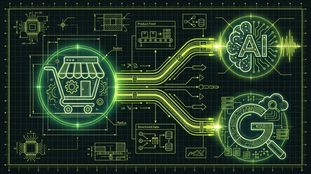 A blueprint-style diagram illustrating how a Shopify store's product data is syndicated to AI platforms like ChatGPT and Google AI.