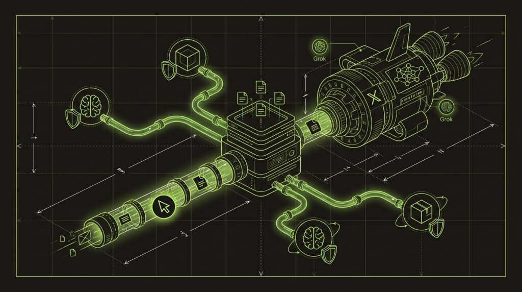 A blueprint diagram illustrating code being routed from a repository to different AI tools, with one major path feeding a large corporate entity.