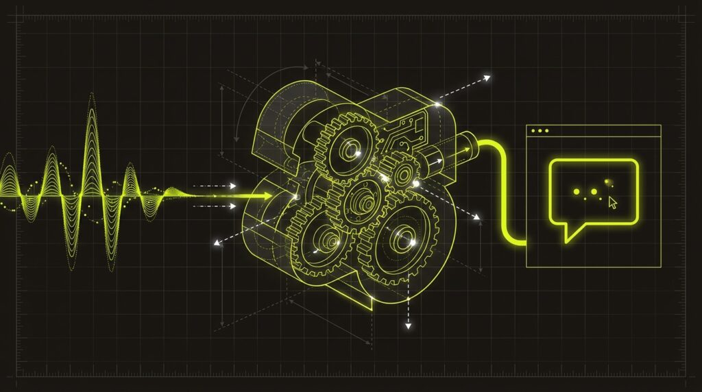 A blueprint-style diagram illustrating an audio wave being processed and converted into a digital chat interface.