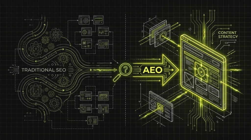A blueprint diagram comparing the complex path of traditional SEO to the direct path of AEO for getting a webpage cited.