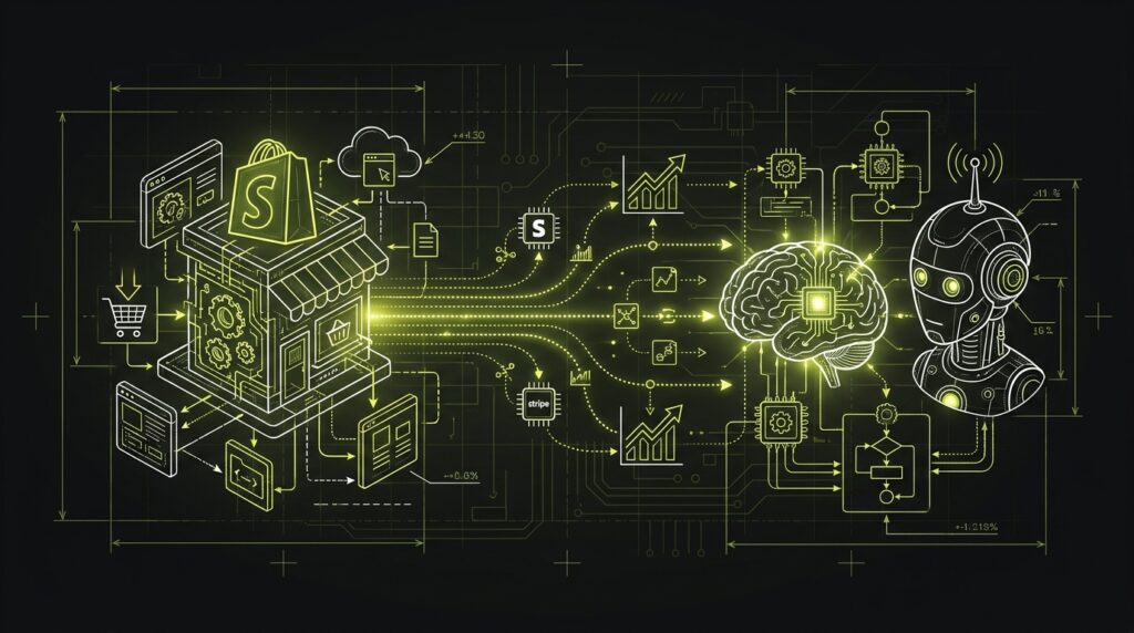 A blueprint-style drawing showing data flowing from a Shopify store to several AI agent icons.
