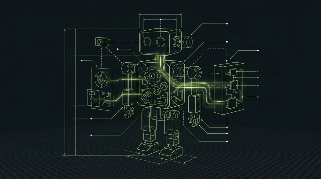 A blueprint-style diagram of an AI agent, showing its internal structure and logic, on a dark background.