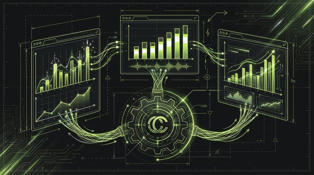 A blueprint schematic showing a central Claude Code icon feeding into three browser windows, which are all updating a dashboard in real time.