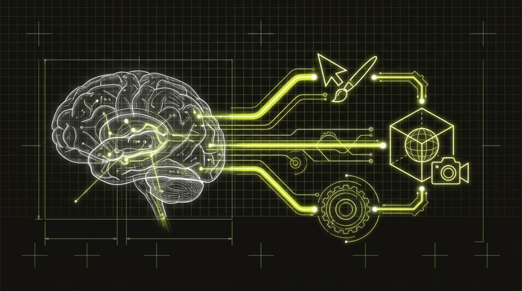 A blueprint diagram illustrating a brain connected to the Photoshop and Blender software icons, representing AI-powered creative workflows.