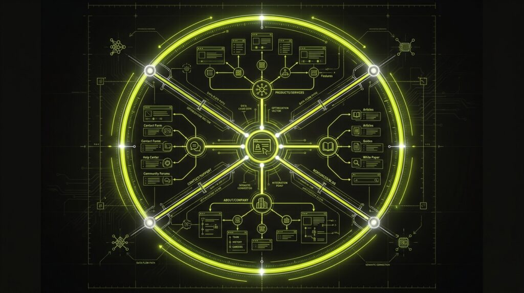 A blueprint-style diagram showing a website's structure fitting inside a single large circle, representing a one-million-token context window.