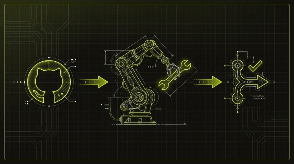 A blueprint diagram showing a GitHub issue triggering an AI agent to automatically create and merge a pull request.