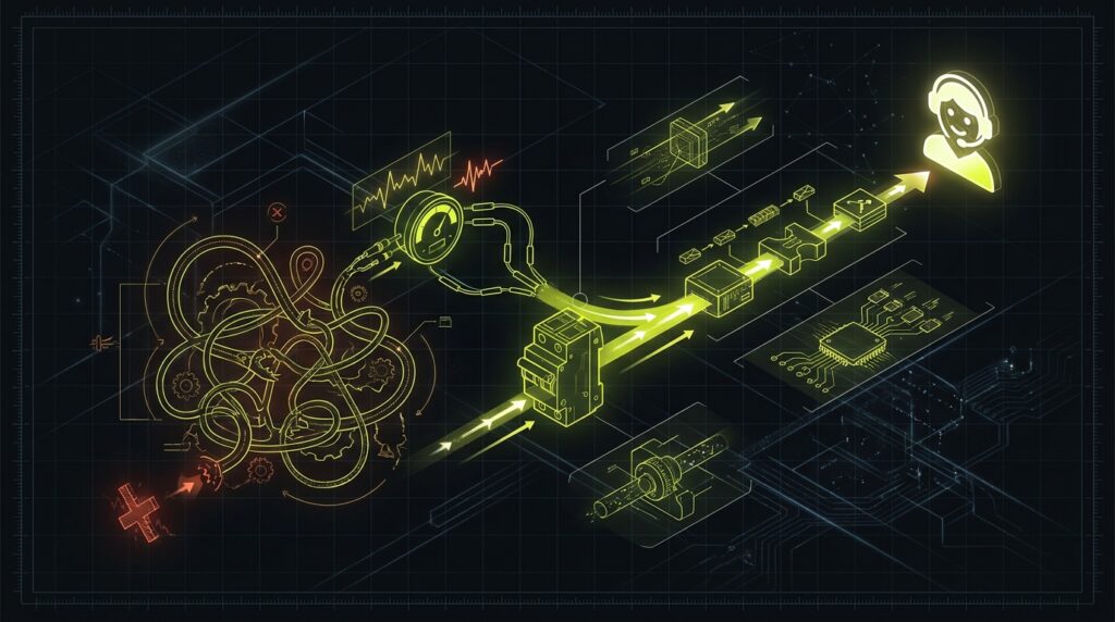 A blueprint showing a user's conversational path, where a frustration sensor automatically reroutes them from a dead end to a human agent.