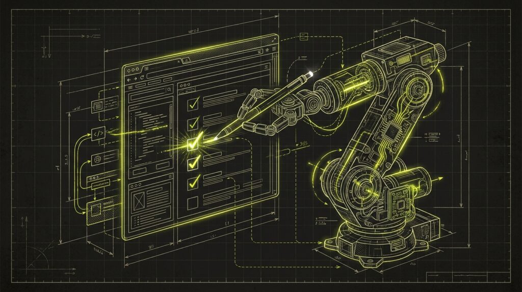 A blueprint-style illustration of a robotic arm auditing a website user interface against a checklist.