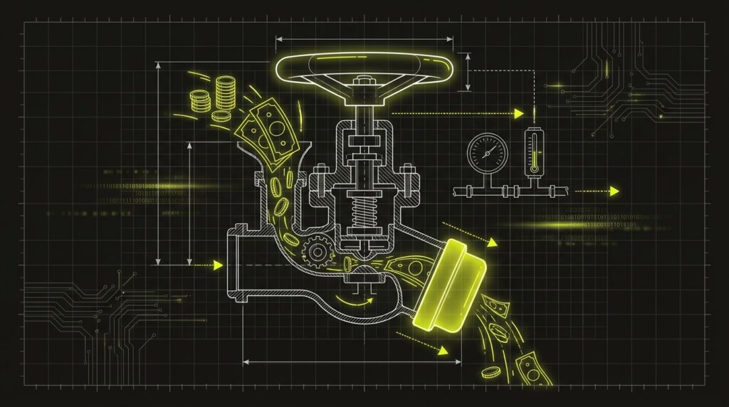 A blueprint diagram of a financial valve, representing a spending cap on AI tool usage.