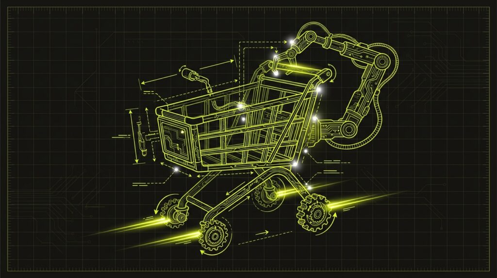 A blueprint diagram of a shopping cart being operated by a robotic arm, representing agentic commerce.