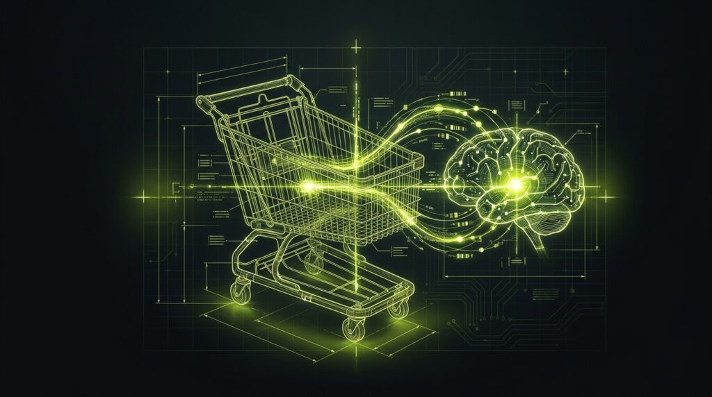A blueprint diagram showing a shopping cart icon connecting to an AI brain icon, representing e-commerce integration with AI.