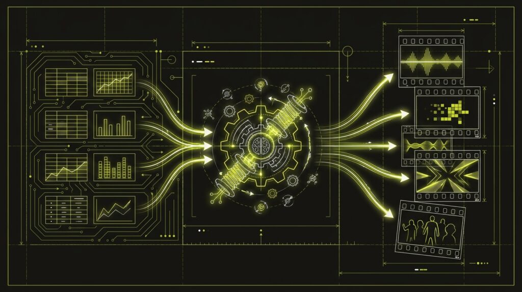 A blueprint-style diagram illustrating a process where data tables are transformed by an AI engine into multiple video ad variations.