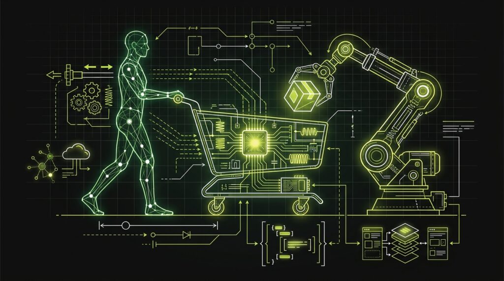 A blueprint diagram comparing a human-pushed shopping cart with an AI-driven robotic arm placing an item in another cart.