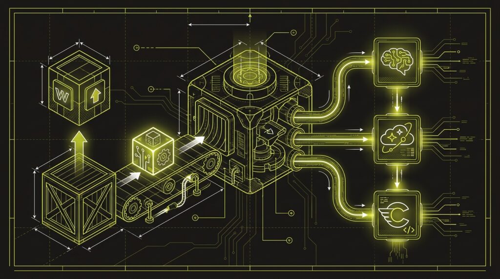 A blueprint diagram showing a product's journey from a WooCommerce store through the Shopify Agentic Plan to AI shopping agents.