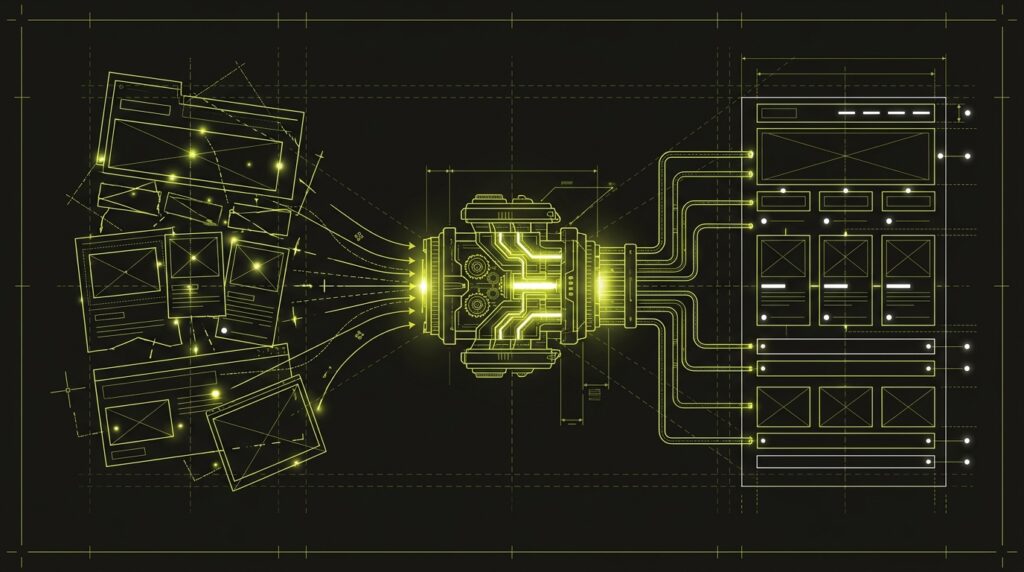 A blueprint-style illustration of the Webflow AEO process transforming a messy website into an organized one.